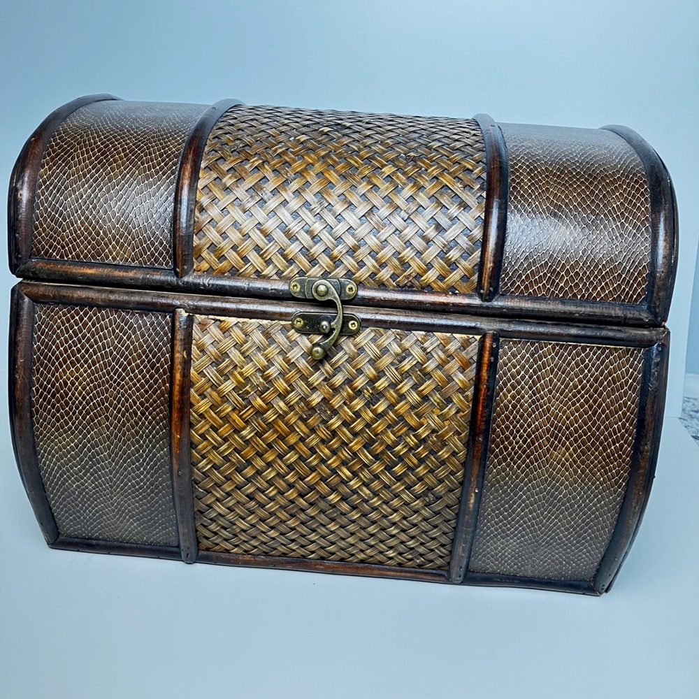 Vintage Decorative Trunk Chest Box 15" Brown Woven Faux Snakeskin Domed Lid MCM